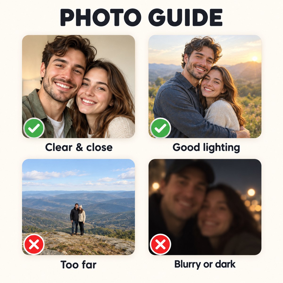 Photo guide: clear, close, well-lit photos work best