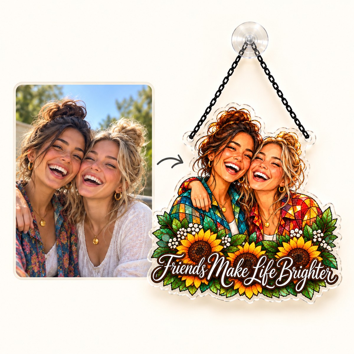 Custom Photo Besties Caricature - Personalized Acrylic Window Suncatcher — how it works