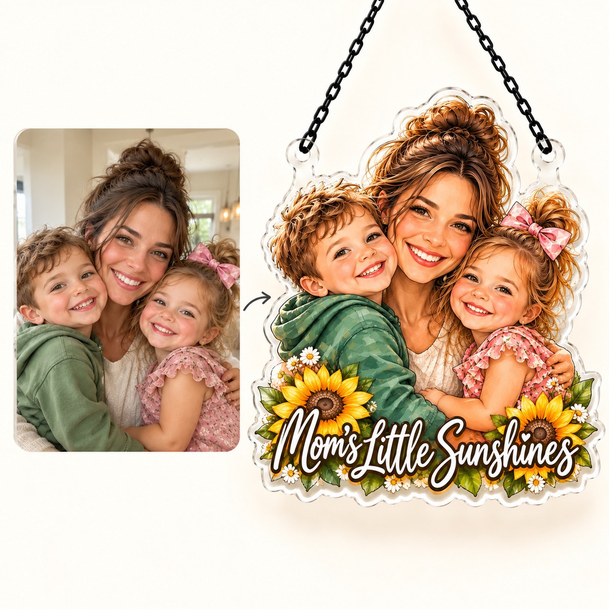 Custom Photo Mom & Kids Caricature - Personalized Acrylic Window Suncatcher — how it works