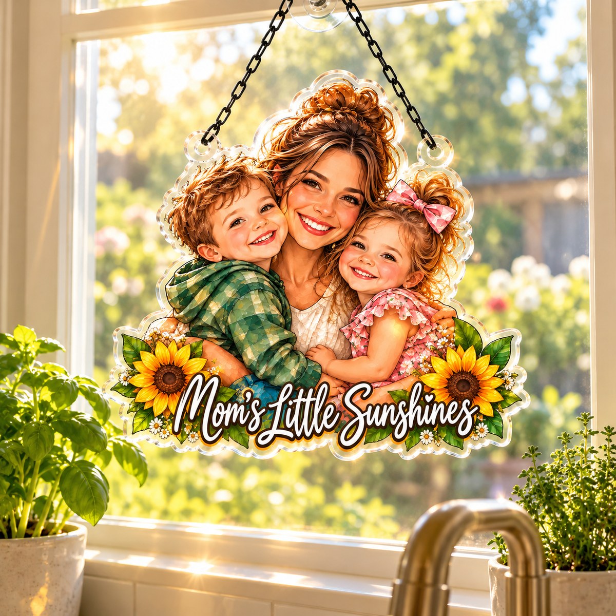Custom Photo Mom & Kids Caricature - Personalized Acrylic Window Suncatcher — lifestyle