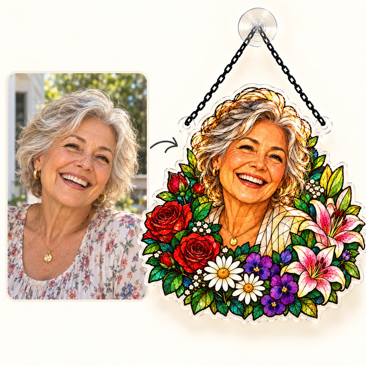 Custom Photo Birth Flower Grandma Stained Glass - Personalized Acrylic Window Suncatcher — how it works