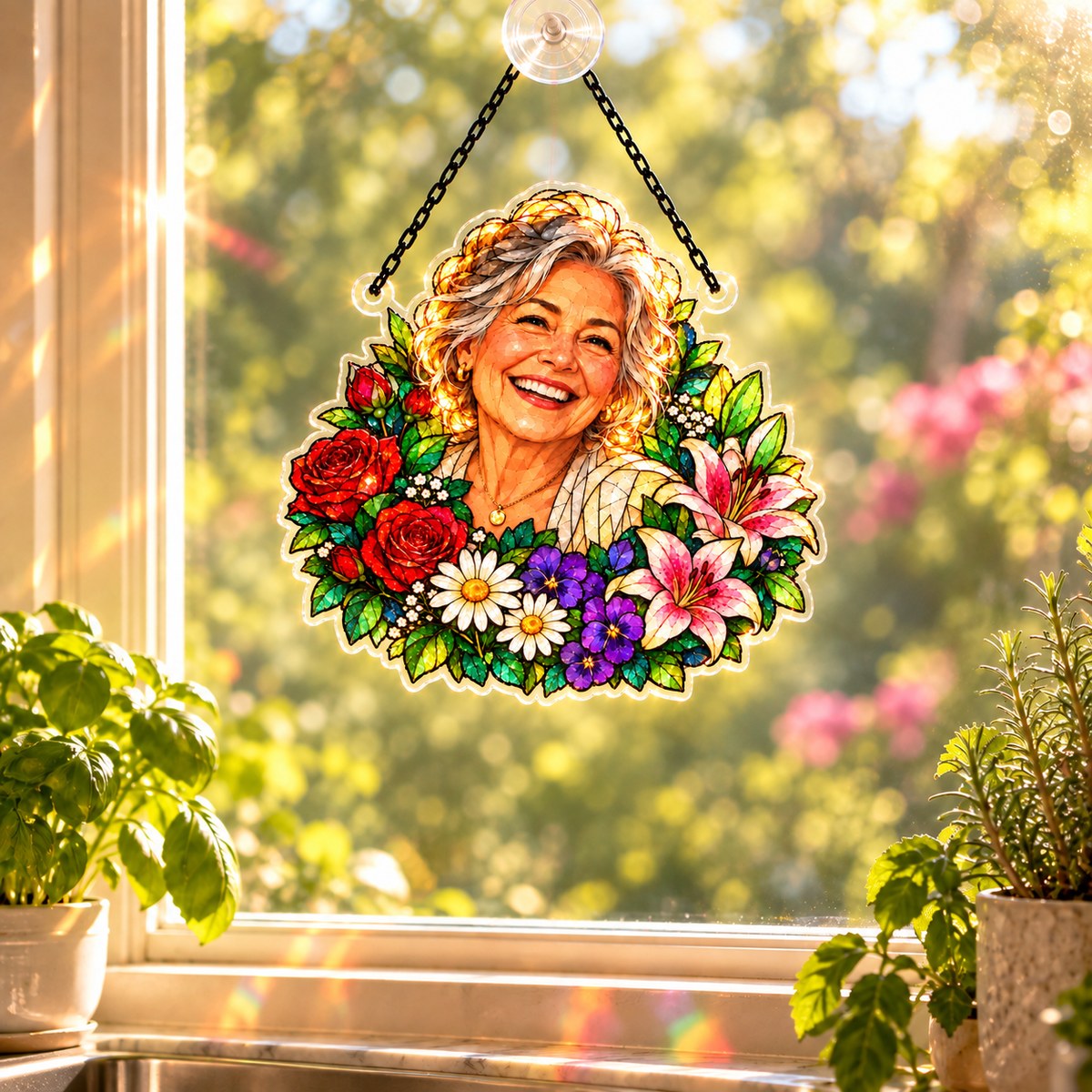Custom Photo Birth Flower Grandma Stained Glass - Personalized Acrylic Window Suncatcher — lifestyle