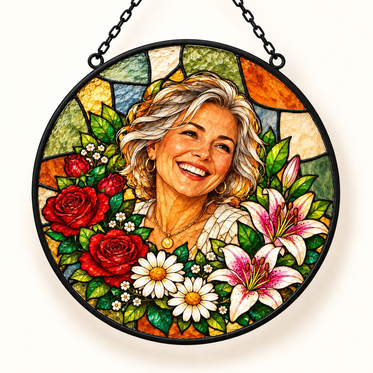 Custom Photo Stained Glass Portrait Window Hanging Suncatcher - Mom Birth Flower Suncatcher Personalized Suncatcher Gift — hero