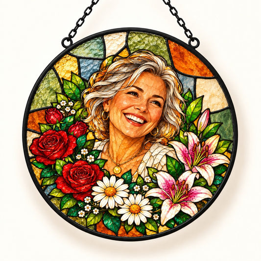 Custom Photo Stained Glass Portrait Window Hanging Suncatcher - Mom Birth Flower Suncatcher Personalized Suncatcher Gift — hero