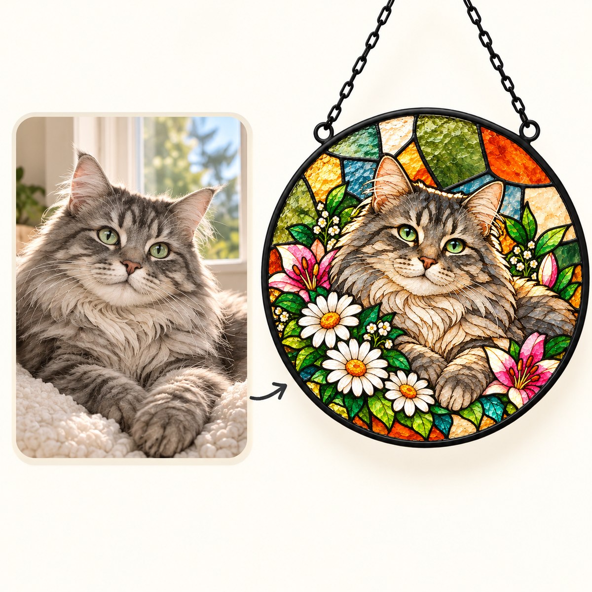 Custom Photo Stained Glass Portrait Window Hanging Suncatcher - Pet Memorial Suncatcher Personalized Suncatcher Gift — how it works