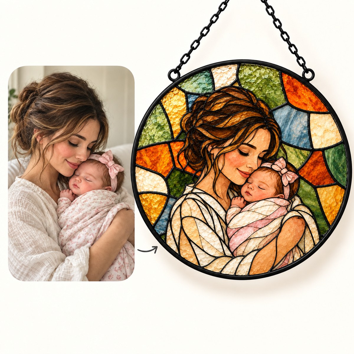 Custom Photo Stained Glass Portrait Window Hanging Suncatcher - New Baby Gift Personalized Suncatcher Gift — how it works