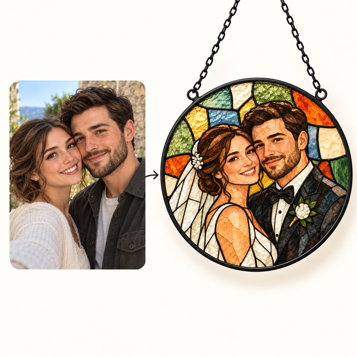 Custom Photo Stained Glass Portrait Window Hanging Suncatcher - Wedding Gift Personalized Suncatcher Gift — how it works