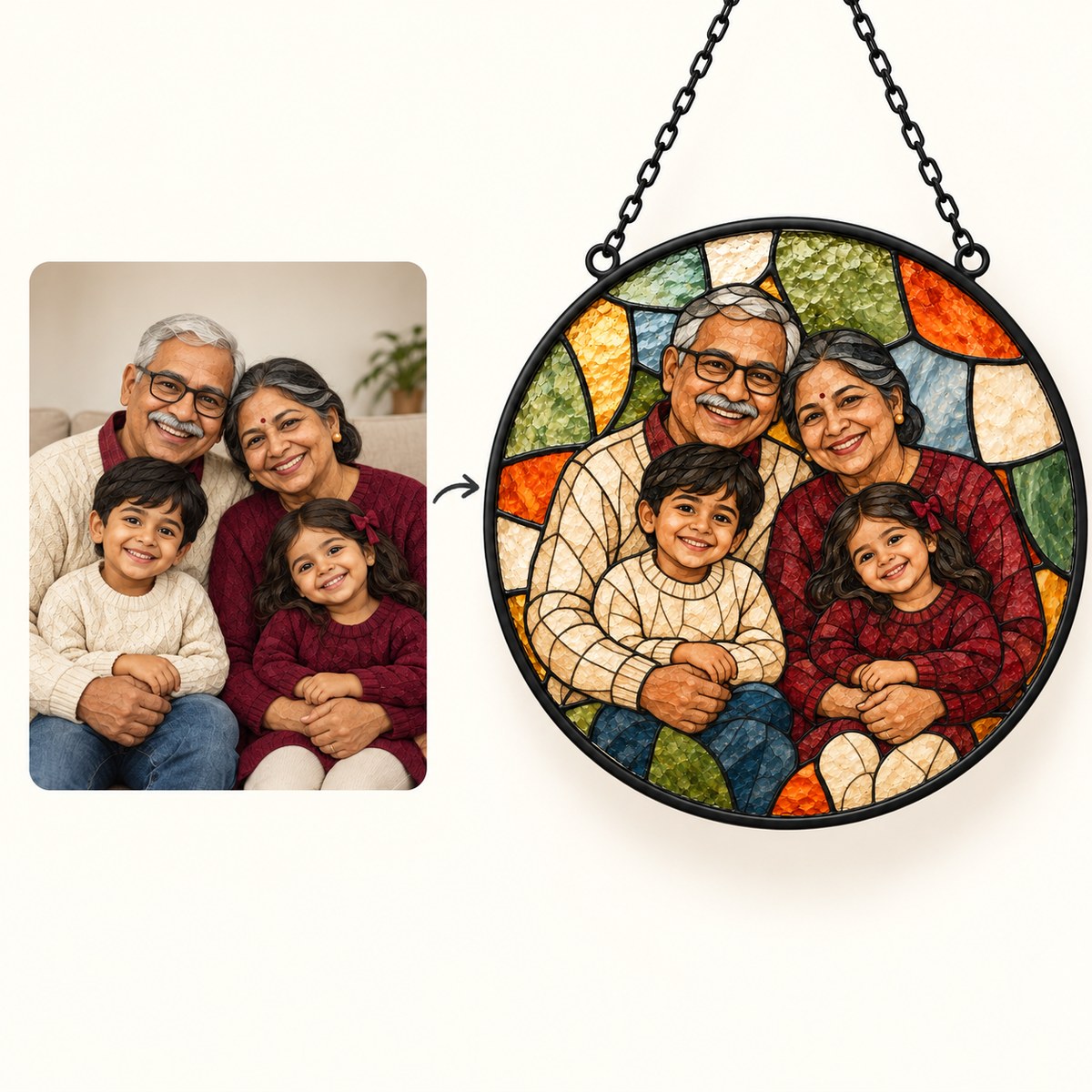 Custom Photo Stained Glass Portrait Window Hanging Suncatcher - Christmas Grandparents Gift Personalized Suncatcher Gift — how it works