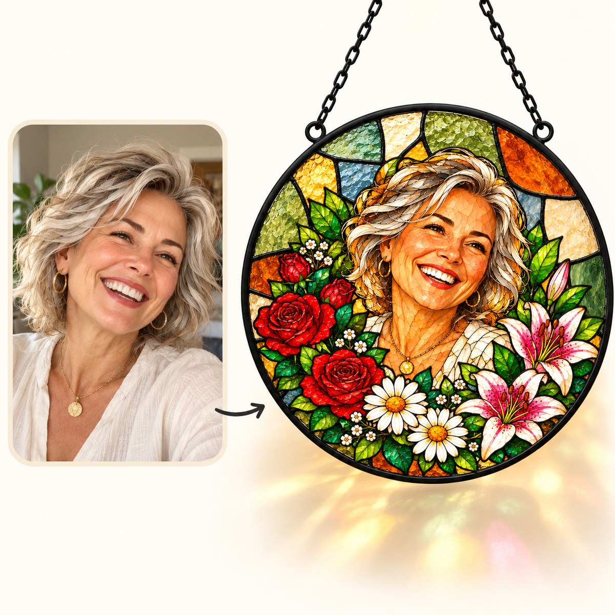 Custom Photo Stained Glass Portrait Window Hanging Suncatcher - Mom Birth Flower Suncatcher Personalized Suncatcher Gift — how it works