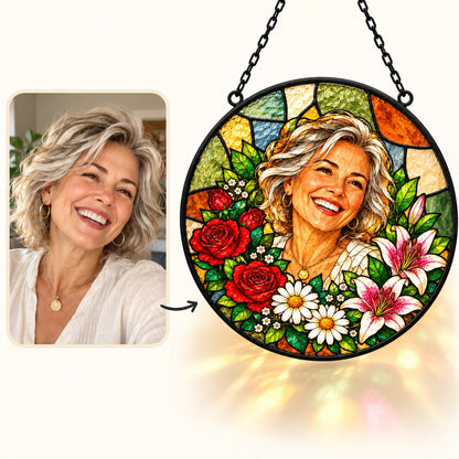 Custom Photo Stained Glass Portrait Window Hanging Suncatcher - Mom Birth Flower Suncatcher Personalized Suncatcher Gift — how it works