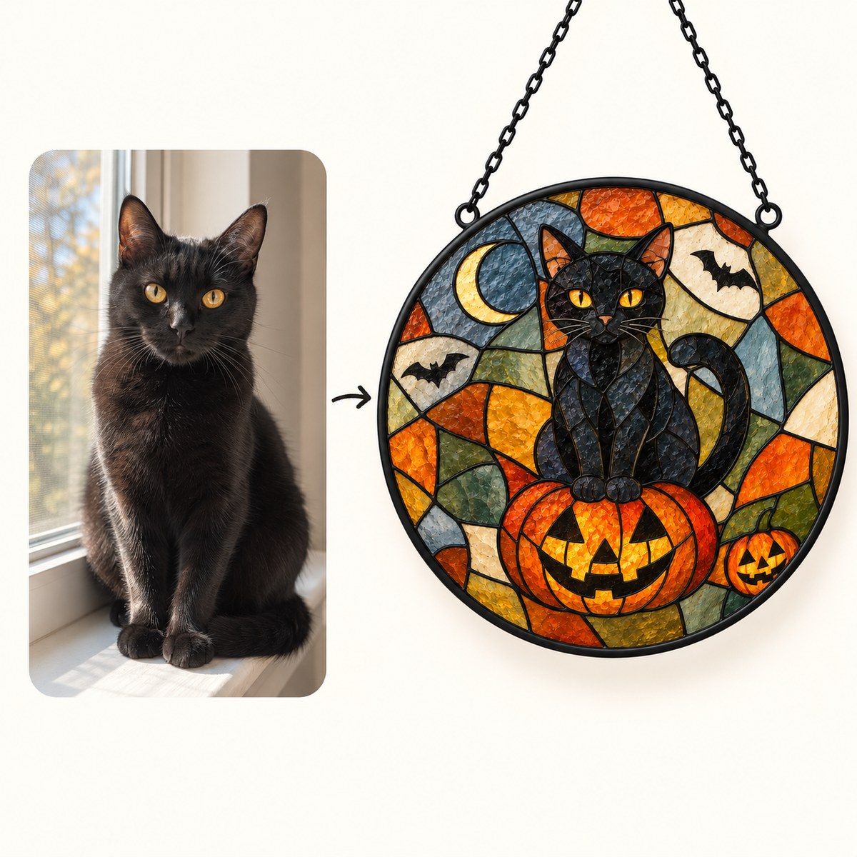 Custom Photo Stained Glass Portrait Window Hanging Suncatcher - Halloween Gift Personalized Suncatcher Gift — how it works