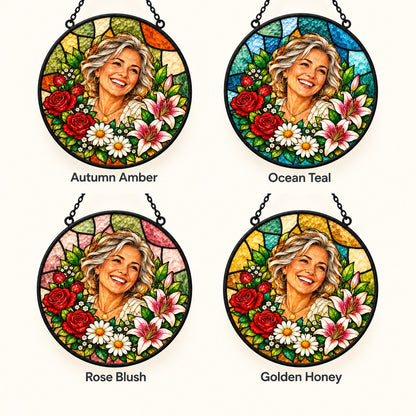 Custom Photo Stained Glass Portrait Window Hanging Suncatcher - Mom Birth Flower Suncatcher Personalized Suncatcher Gift — options