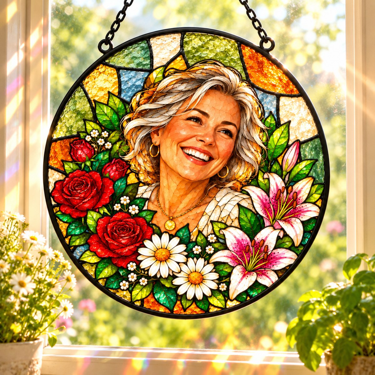 Custom Photo Stained Glass Portrait Window Hanging Suncatcher - Mom Birth Flower Suncatcher Personalized Suncatcher Gift — lifestyle