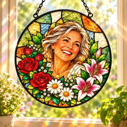 Custom Photo Stained Glass Portrait Window Hanging Suncatcher - Mom Birth Flower Suncatcher Personalized Suncatcher Gift — lifestyle