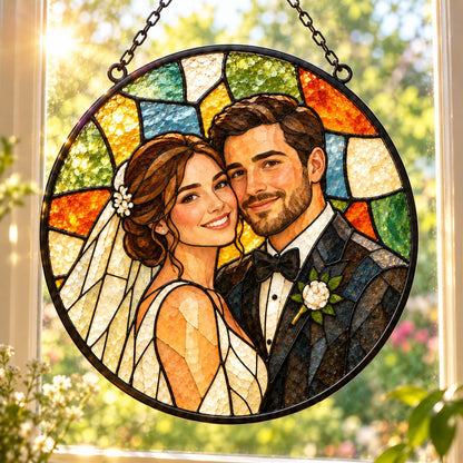 Custom Photo Stained Glass Portrait Window Hanging Suncatcher - Wedding Gift Personalized Suncatcher Gift — lifestyle