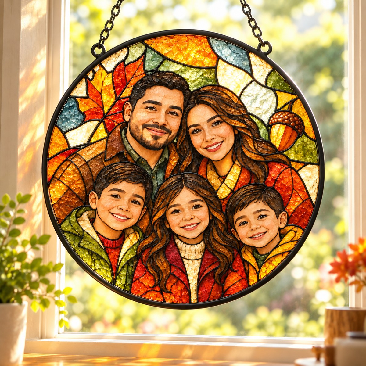 Custom Photo Stained Glass Portrait Window Hanging Suncatcher - Thanksgiving Family Gift Personalized Suncatcher Gift — lifestyle