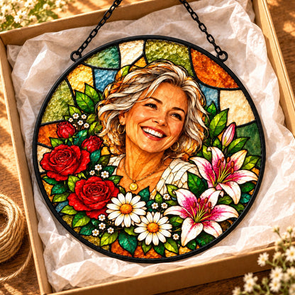 Custom Photo Stained Glass Portrait Window Hanging Suncatcher - Mom Birth Flower Suncatcher Personalized Suncatcher Gift — gift