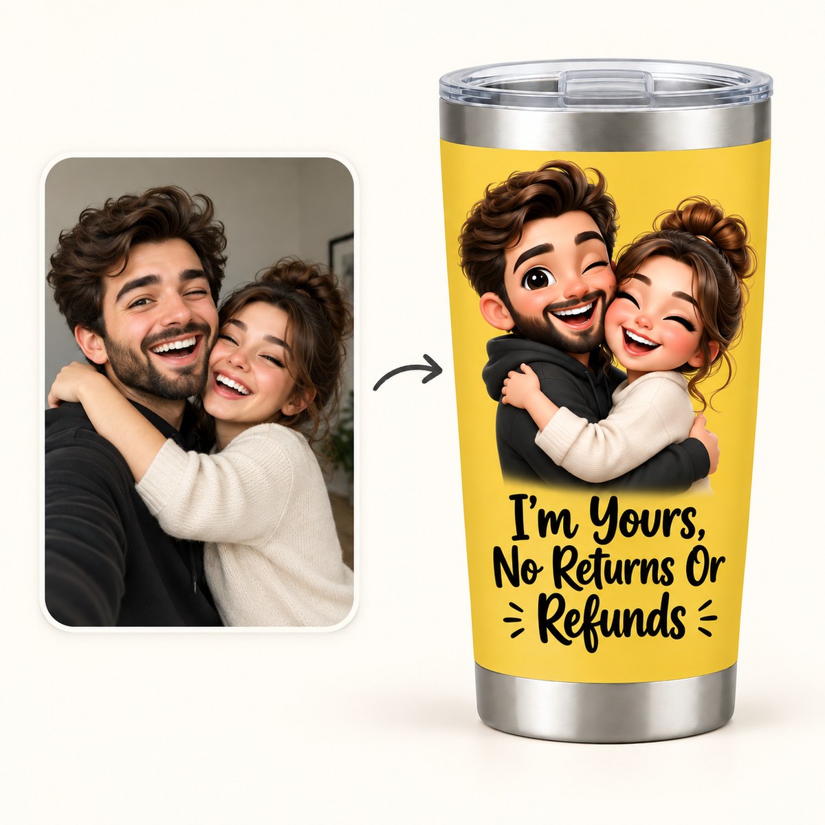 Custom Photo Caricature Portrait 20oz Stainless Steel Tumbler - Funny Couple Personalized Tumbler Gift — how it works