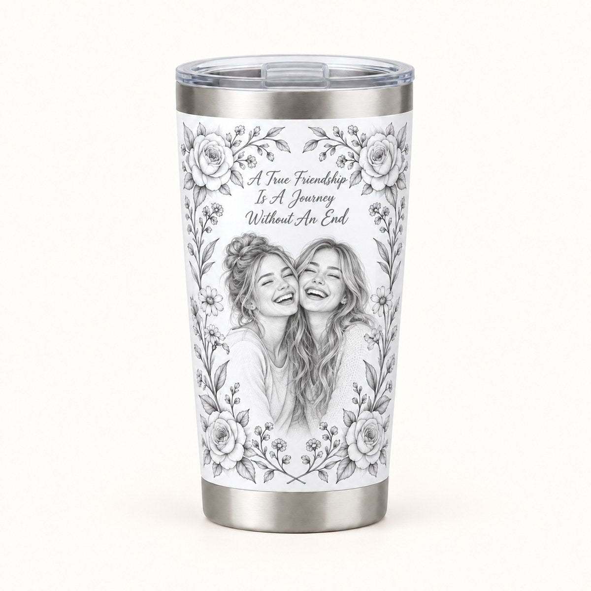 Custom Photo Pencil Sketch 20oz Stainless Steel Tumbler - A True Friendship Is A Journey Without An End, Personalized Tumbler Gift — hero