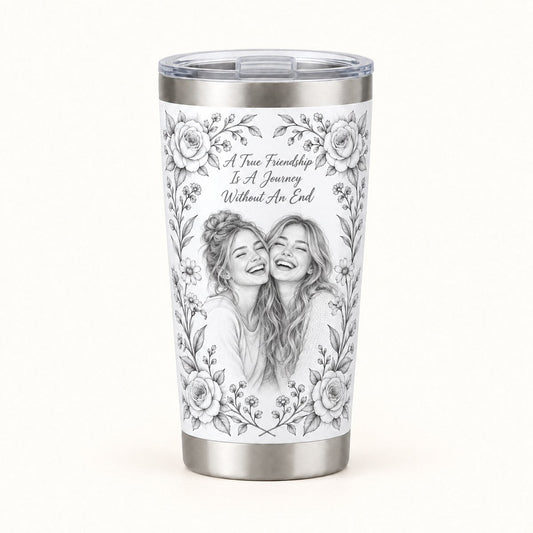 Custom Photo Pencil Sketch 20oz Stainless Steel Tumbler - A True Friendship Is A Journey Without An End, Personalized Tumbler Gift — hero