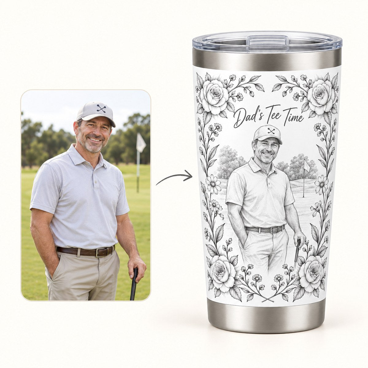Custom Photo Pencil Sketch 20oz Stainless Steel Tumbler - Golf Dad Gift Personalized Tumbler Gift — how it works