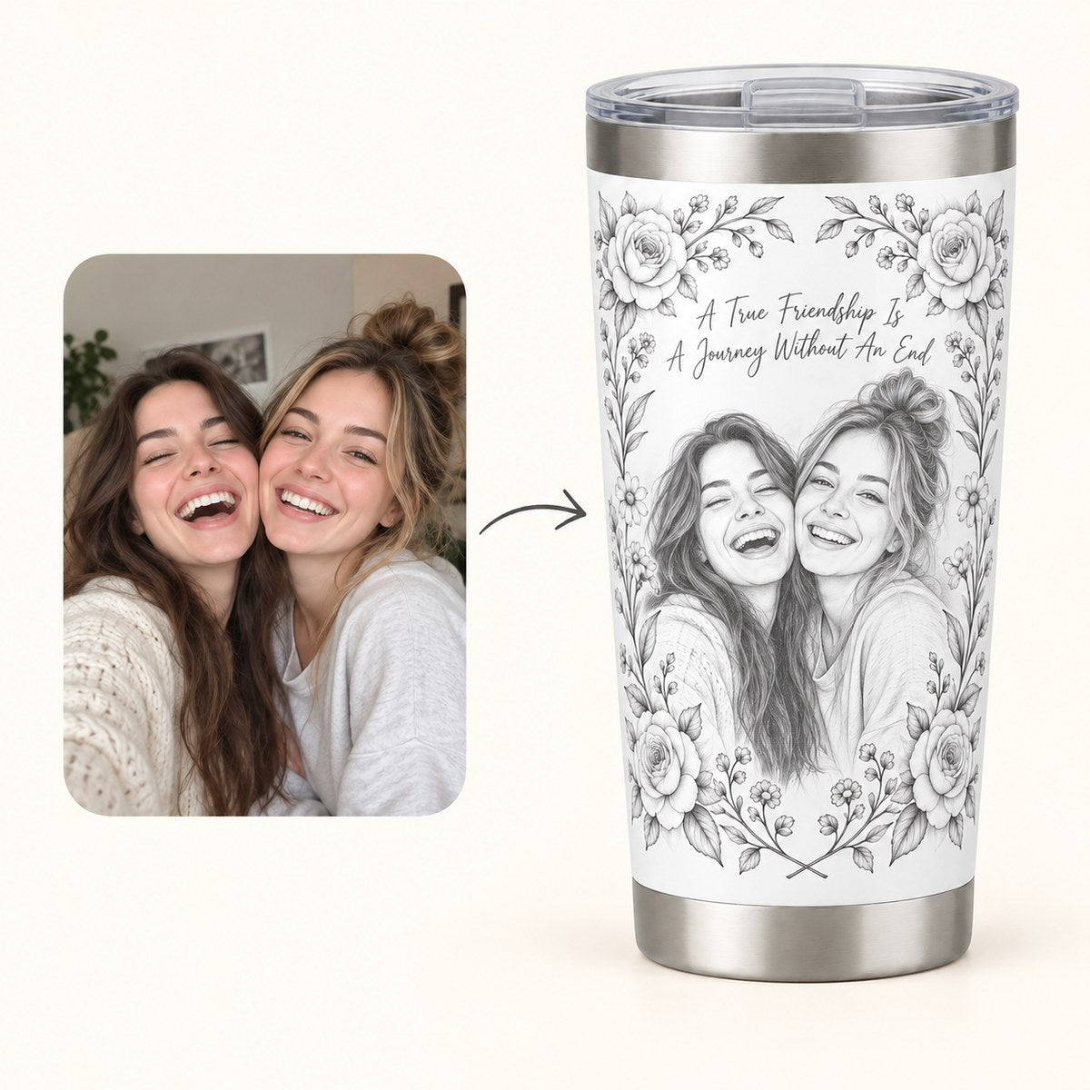 Custom Photo Pencil Sketch 20oz Stainless Steel Tumbler - A True Friendship Is A Journey Without An End, Personalized Tumbler Gift — how it works