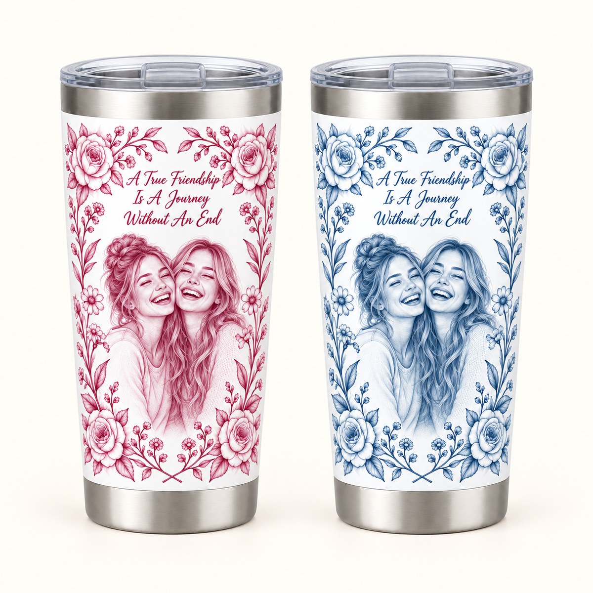 Custom Photo Pencil Sketch 20oz Stainless Steel Tumbler - A True Friendship Is A Journey Without An End, Personalized Tumbler Gift — options