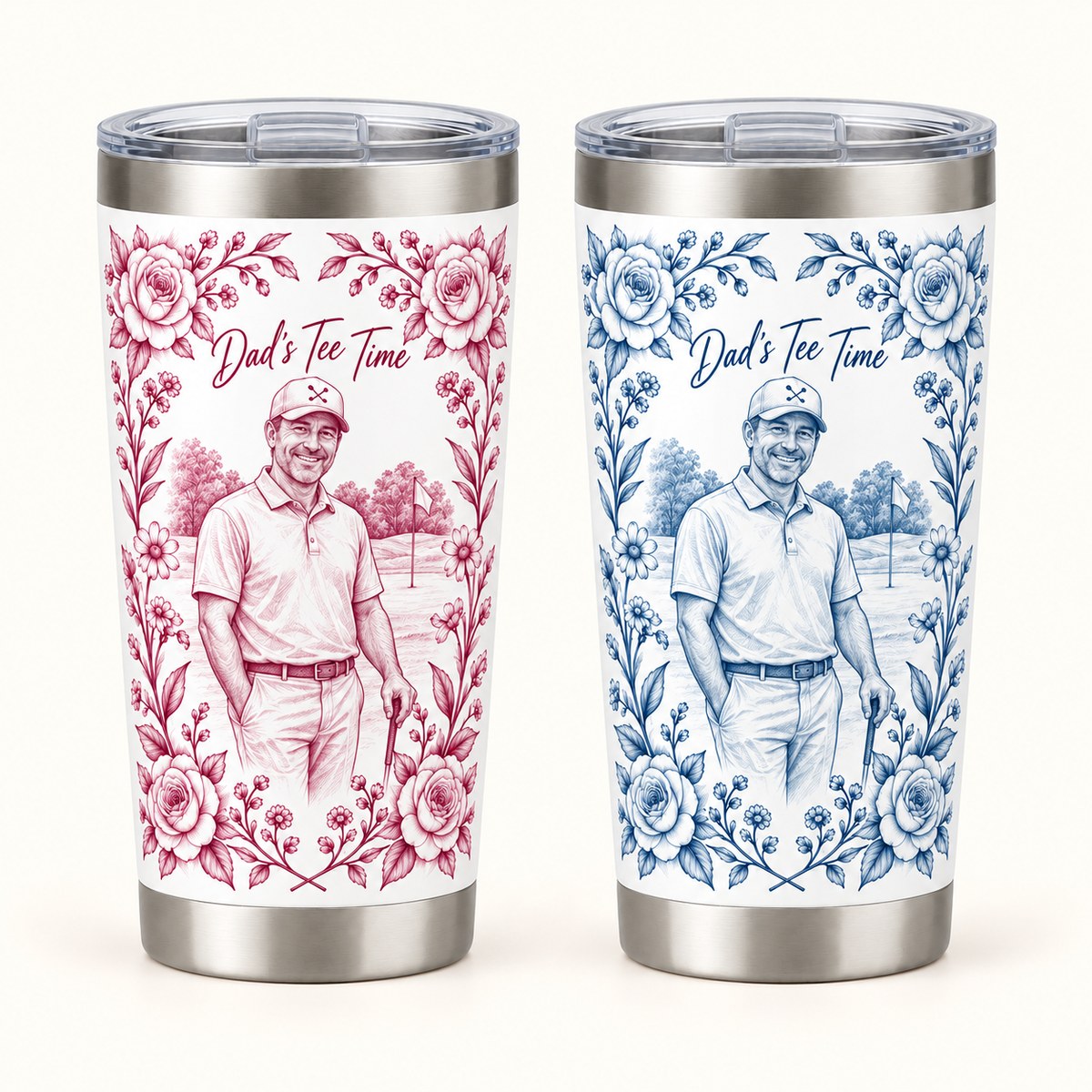 Custom Photo Pencil Sketch 20oz Stainless Steel Tumbler - Golf Dad Gift Personalized Tumbler Gift — options