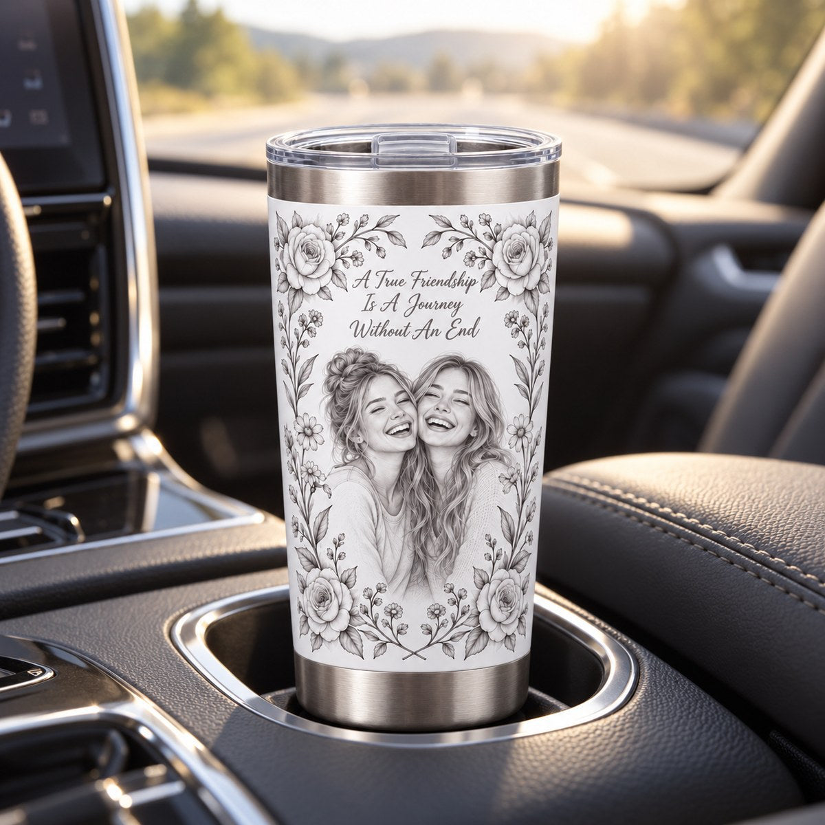 Custom Photo Pencil Sketch 20oz Stainless Steel Tumbler - A True Friendship Is A Journey Without An End, Personalized Tumbler Gift — lifestyle