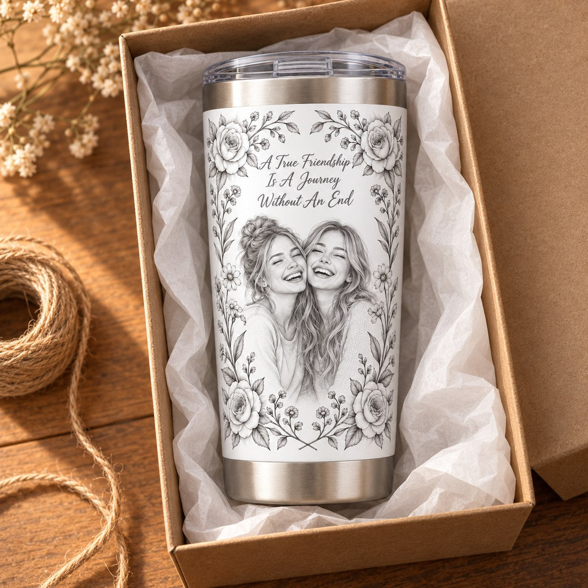 Custom Photo Pencil Sketch 20oz Stainless Steel Tumbler - A True Friendship Is A Journey Without An End, Personalized Tumbler Gift — gift
