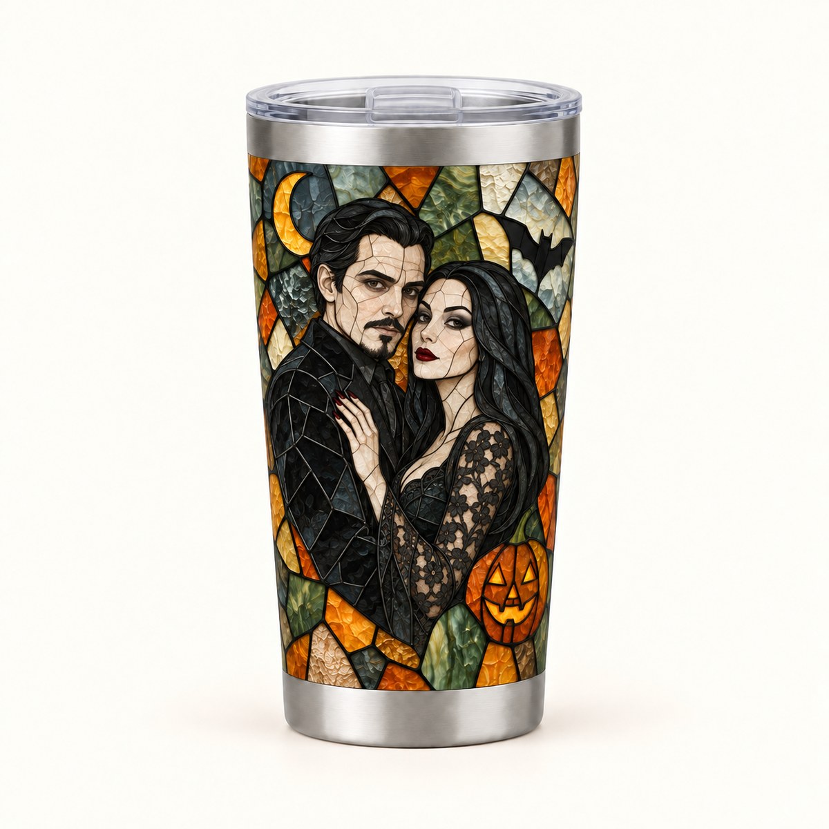 Custom Photo Stained Glass Portrait 20oz Stainless Steel Tumbler - Halloween Couple Gift Personalized Tumbler Gift — hero