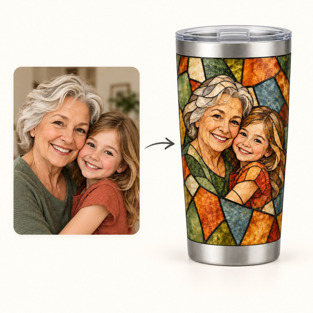 Custom Photo Stained Glass Portrait 20oz Stainless Steel Tumbler - Family Mom Grandma Personalized Tumbler Gift — how it works