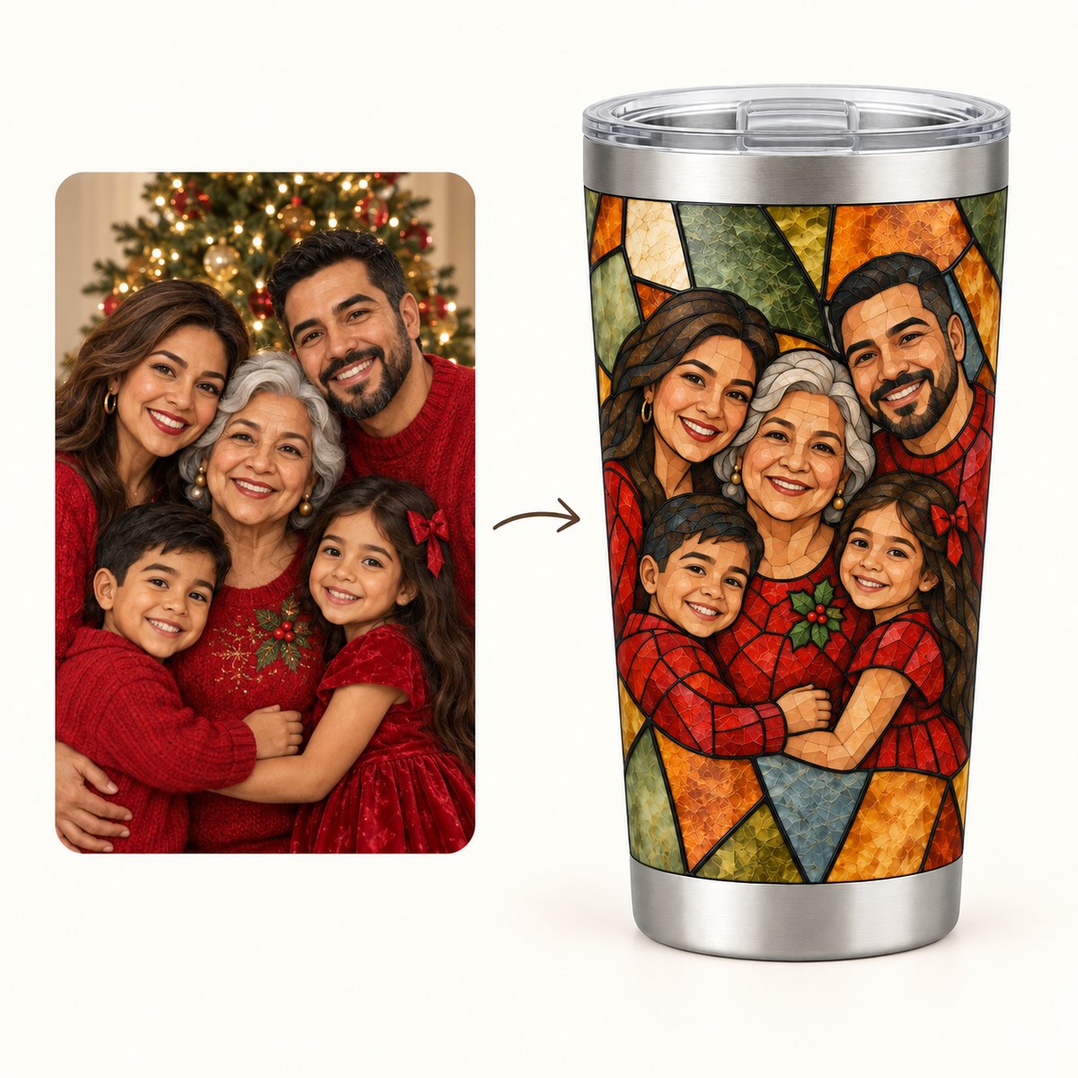Custom Photo Stained Glass Portrait 20oz Stainless Steel Tumbler - Christmas Family Gift Personalized Tumbler Gift — how it works