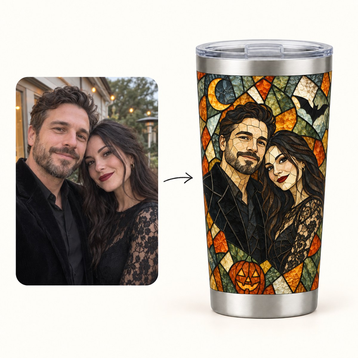 Custom Photo Stained Glass Portrait 20oz Stainless Steel Tumbler - Halloween Couple Gift Personalized Tumbler Gift — how it works
