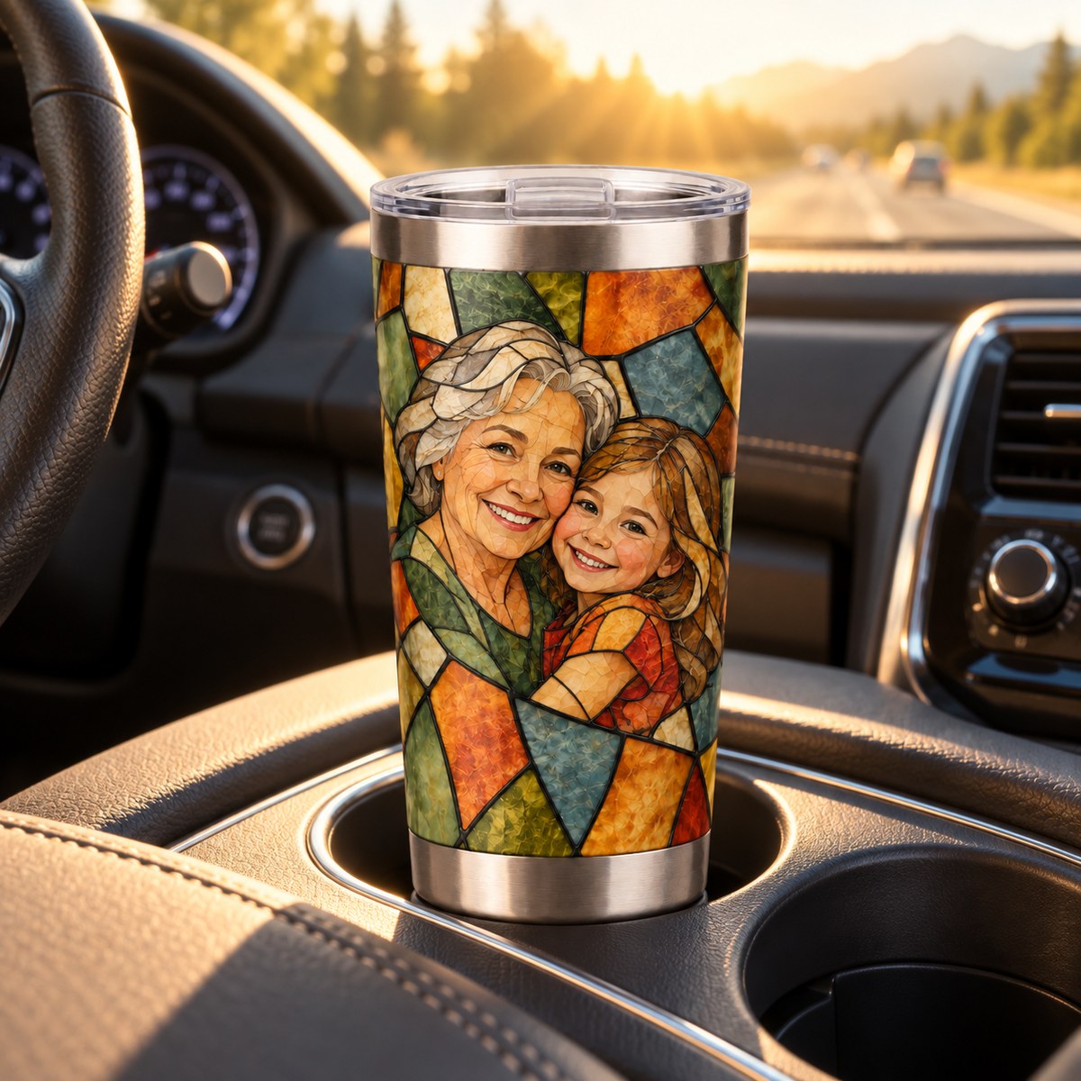 Custom Photo Stained Glass Portrait 20oz Stainless Steel Tumbler - Family Mom Grandma Personalized Tumbler Gift — lifestyle