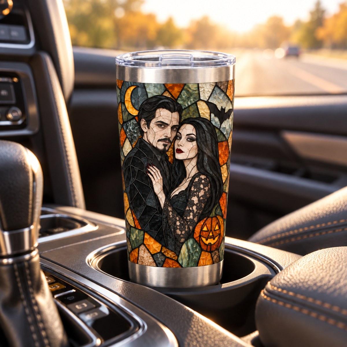 Custom Photo Stained Glass Portrait 20oz Stainless Steel Tumbler - Halloween Couple Gift Personalized Tumbler Gift — lifestyle