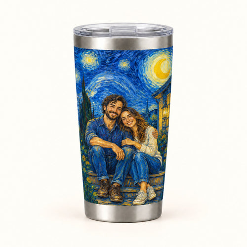 Custom Photo Starry Night Portrait 20oz Stainless Steel Tumbler - Van Gogh Style Housewarming Gift Personalized Tumbler Gift