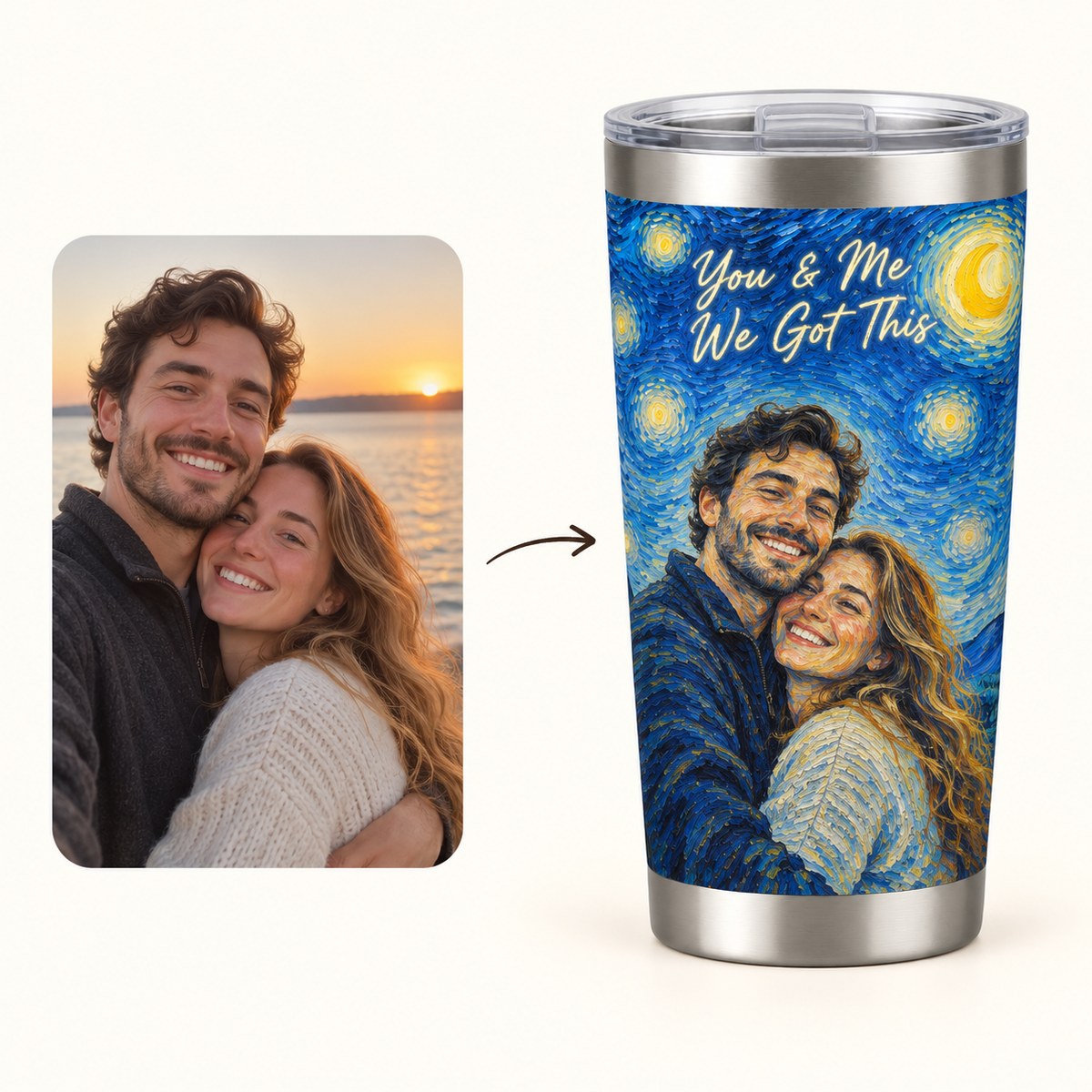 Custom Photo Starry Night Portrait 20oz Stainless Steel Tumbler - Van Gogh Style Couple Anniversary Personalized Tumbler Gift — how it works