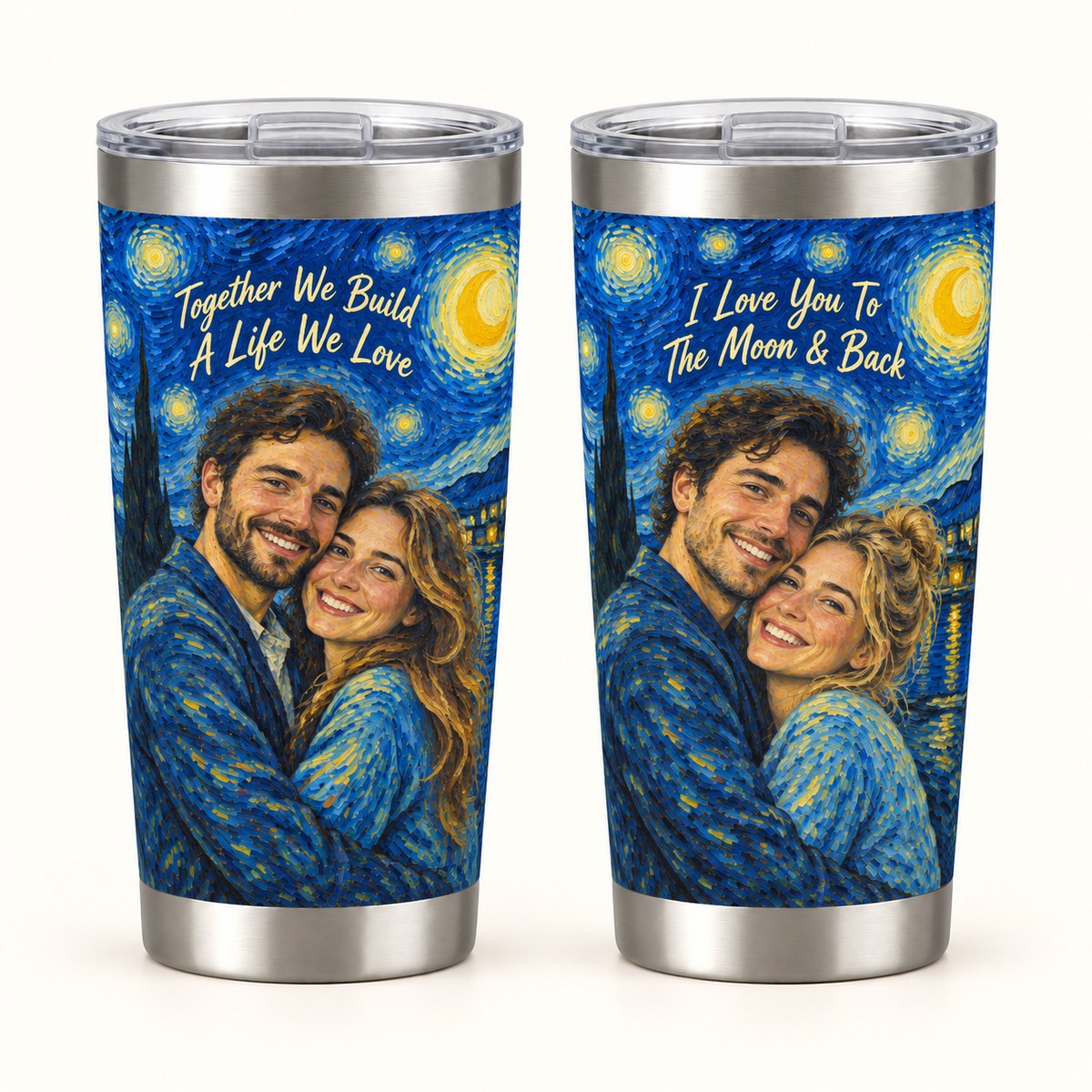 Custom Photo Starry Night Portrait 20oz Stainless Steel Tumbler - Van Gogh Style Couple Anniversary Personalized Tumbler Gift — options