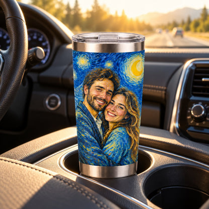 Custom Photo Starry Night Portrait 20oz Stainless Steel Tumbler - Van Gogh Style Couple Anniversary Personalized Tumbler Gift — lifestyle