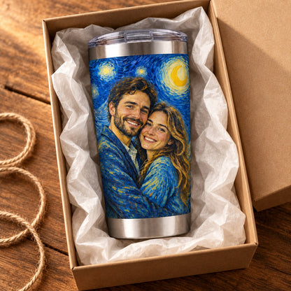 Custom Photo Starry Night Portrait 20oz Stainless Steel Tumbler - Van Gogh Style Couple Anniversary Personalized Tumbler Gift — gift