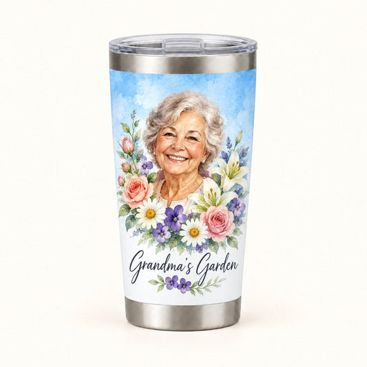 Custom Photo Watercolor Portrait 20oz Stainless Steel Tumbler - Grandma Birth Flower Gift Personalized Tumbler Gift — hero