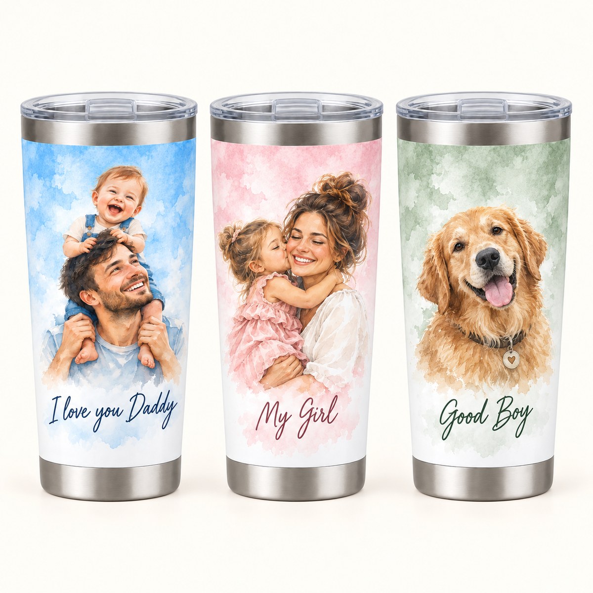 Custom Photo Watercolor Portrait 20oz Stainless Steel Tumbler - Family Memory Personalized Tumbler Gift — options