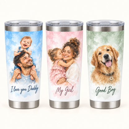 Custom Photo Watercolor Portrait 20oz Stainless Steel Tumbler - Family Memory Personalized Tumbler Gift — options