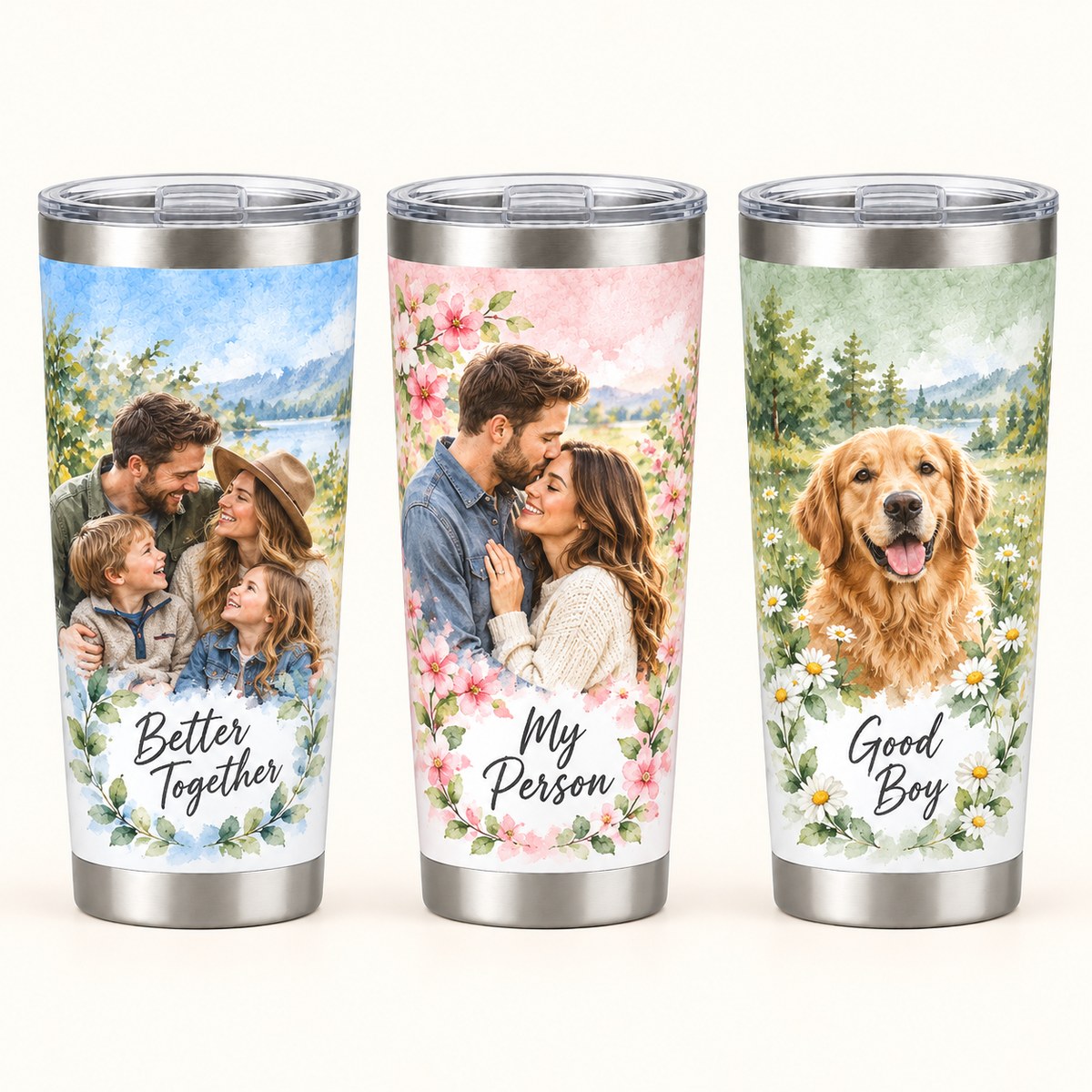 Custom Photo Watercolor Portrait 20oz Stainless Steel Tumbler - Fall Couple Personalized Tumbler Gift — options
