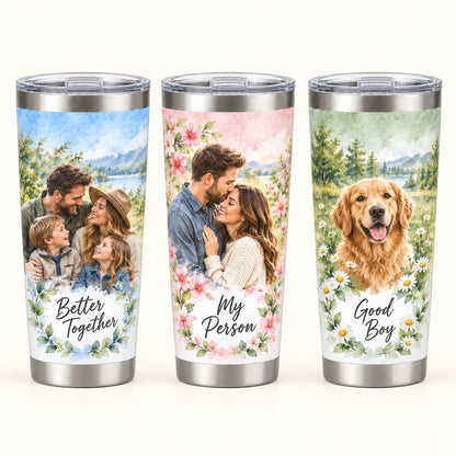 Custom Photo Watercolor Portrait 20oz Stainless Steel Tumbler - Fall Couple Personalized Tumbler Gift — options