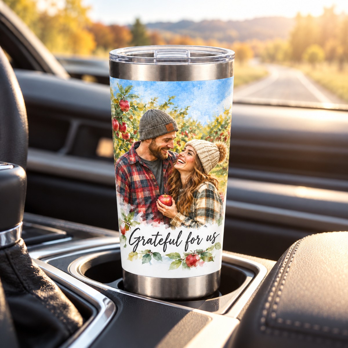 Custom Photo Watercolor Portrait 20oz Stainless Steel Tumbler - Fall Couple Personalized Tumbler Gift — lifestyle