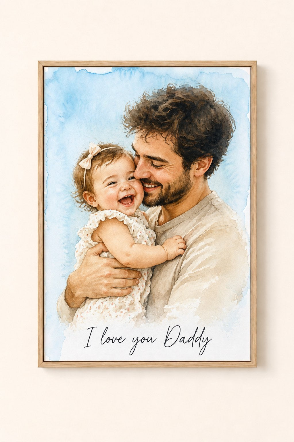Watercolor family portrait framed canvas with caption I love you Daddy