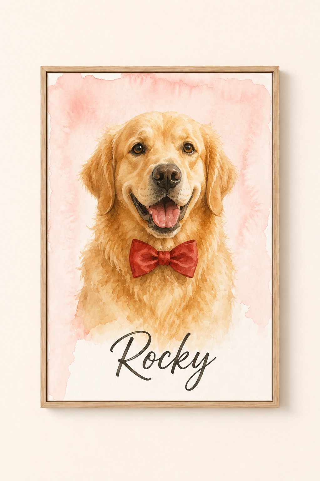 Watercolor pet portrait framed canvas with name Rocky