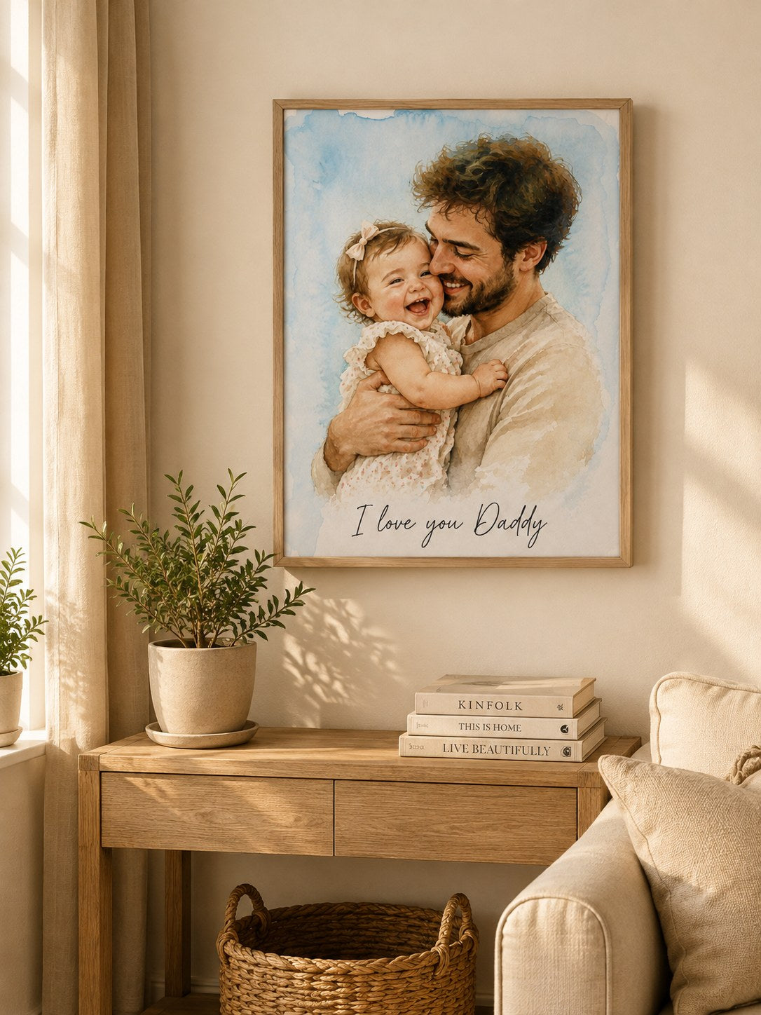 Framed watercolor canvas above a console table in a living room